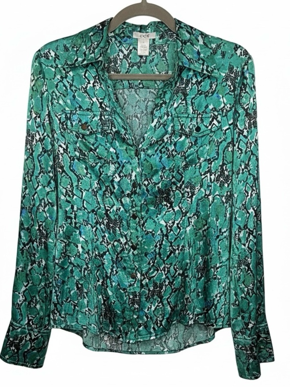 Cache Sz S Silk Teal Green Snake-Print Snap Closure Snap Pockets Cuffs | EUC